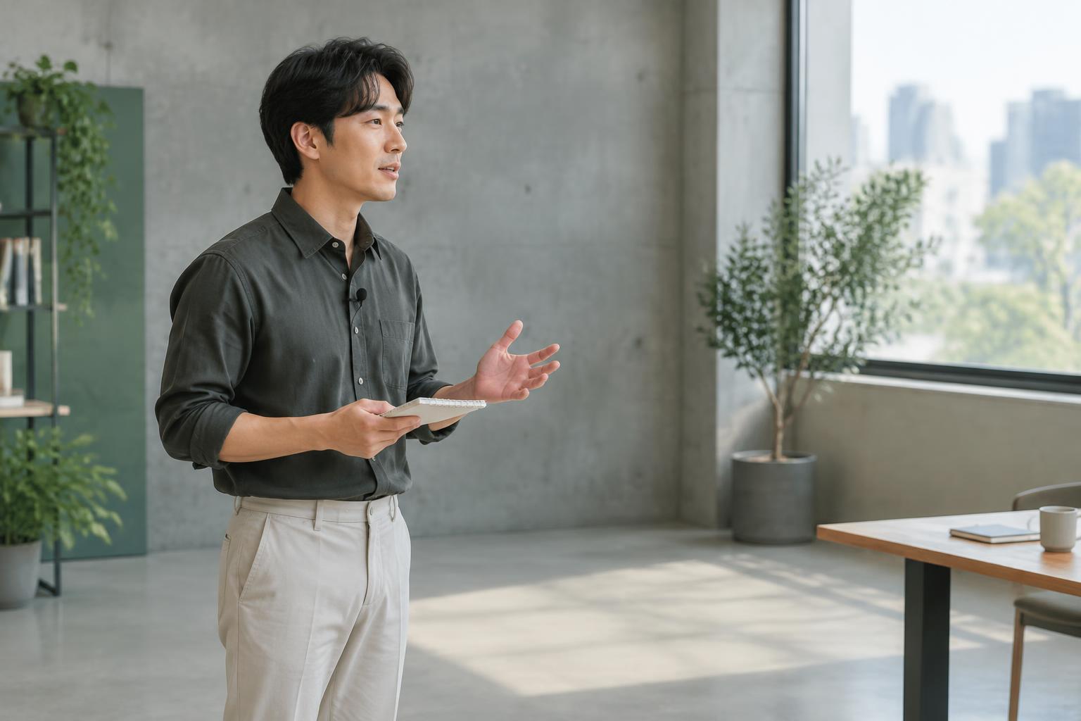 A presenter practising a talk in a quiet studio